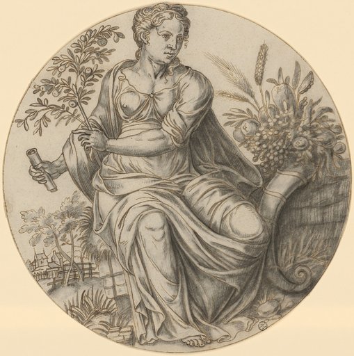 Allegorical Female Figure with Cornucopia in a Landscape, in a Roundel (Allegory of Summer or Ceres?)