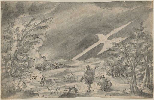 Five Men in a Landscape Are Visited by a Glowing Halberd in the Sky