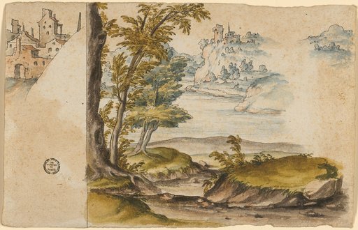 Mountainous River Landscape, with City Gate and Houses Behind on the Left