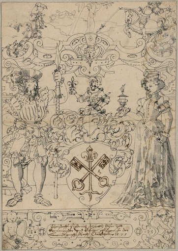 Window Design with Donor Couple and Schärttli Coat of Arms, with a Grotesque Tournament Scene in the Upper Panel