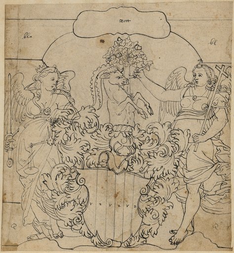 Window Design with an Unidentified Coat of Arms and Two Angels as Supporters