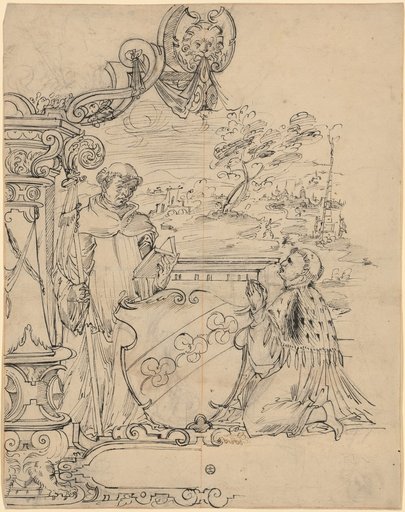 Window design with a coat of arms featuring three clovers, a monk on the left and a kneeling donor on the right