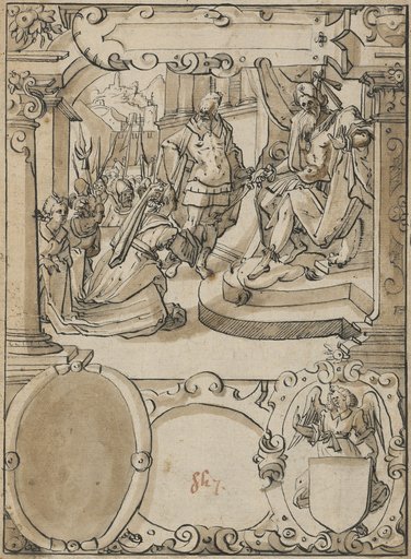 Window design with the Queen of Sheba kneeling before Solomon