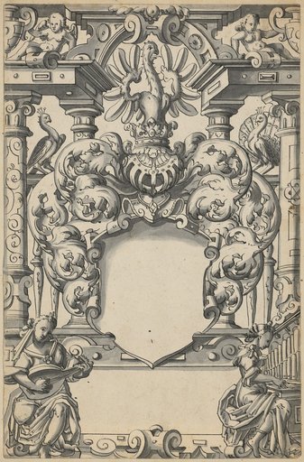 Window design with a blank coat of arms, two putti at the top, two peacocks in the center, and two playing girls at the bottom