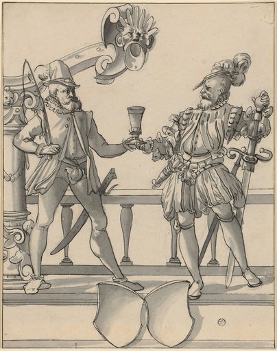 Window design with a wagoner and a warrior exchanging a welcome drink, blank alliance coat of arms below