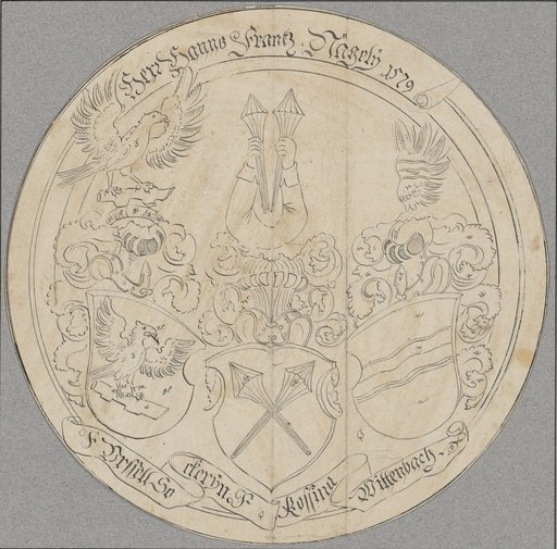 Round window design with three family coats of arms