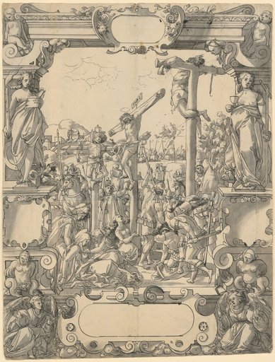 Window design with Christ on the Cross flanked by Fides and Spes