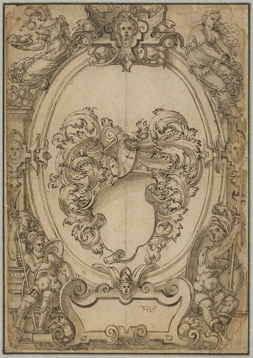 Window design with a blank coat of arms, allegorical figures in the corners