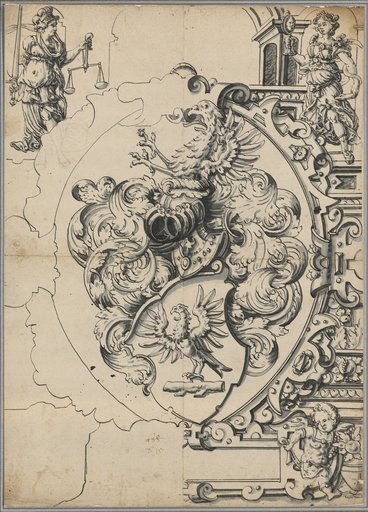 Window design with the Stockar coat of arms (Zurich), Justitia in the upper left, Vanitas in the upper right