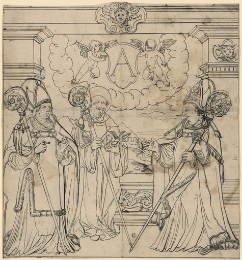 Window design with two bishops and an abbot, with a view of the landscape; two flying angels hold a shield with the letter A