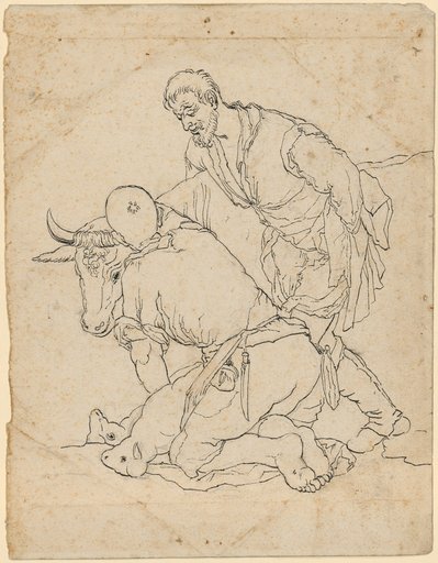 Two Shepherds with a Cow and Two Sheep