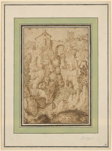 Landscape with Waterfall (likely Tivoli), with a draftsman seated on a rock ledge to the right