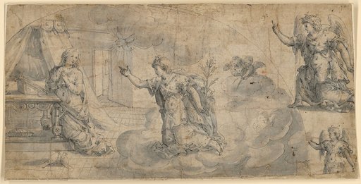 The Annunciation to Mary, with Two Angel Studies to the Right