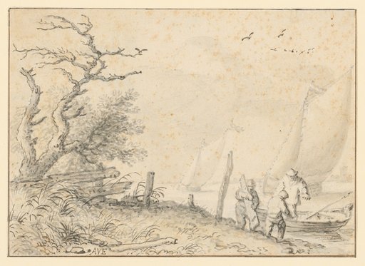 River Landscape with Three Men at a Boat