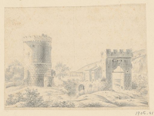 Landscape with an Arched Bridge, Bridge Gate, and Round Tower