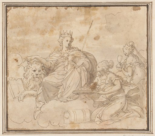 Crowned Allegorical Female Figure with Lion and Two Kneeling Servants