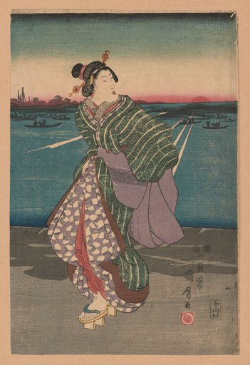 A Woman in an Elaborate Kimono at Sunrise on the Beach