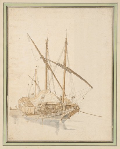 Moored Ship on the Shore with Lowered Sails