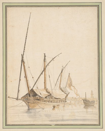 Moored Ship in a Harbor with Lowered Sails