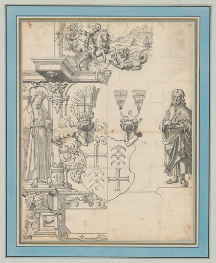 Window Design with the Coat of Arms Zum Stein (?), Flanked by John the Baptist and the Evangelist John, with St. George Fighting the Dragon in the Upper Panel