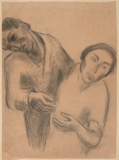 Group of a Man and a Woman in Half-Length. The Man Bears Self-Portrait-Like Features and Leans His Head Suffering to the Right Shoulder. The Clothed Woman Looks to the Right
