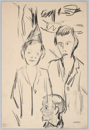 Three Boys Striding Forward, One Wearing a Pointed Cap
