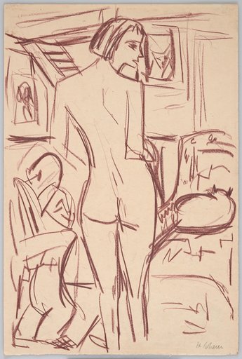 Standing Female Nude from the Back, Looking to the Right; on the Reverse, Lower Left, a Small Sketch of a Head in Black Chalk