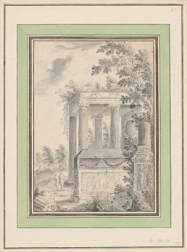 Open Ancient Colonnade with a Lid Sarcophagus, Column Fragments, and Entablature Pieces
