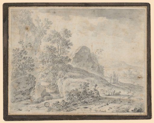 Shepherd with a Small Flock on a Path in Hilly Landscape