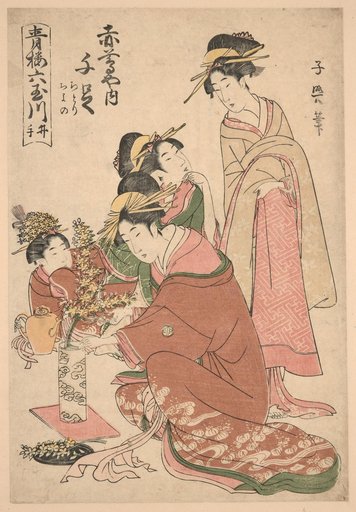 The Courtesan Senzoku of the Akatsutaya House as the Crystal River Ide, with Her Shinzō Companions Chidori and Chiyono