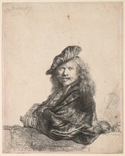 Self-portrait leaning against a stone balustrade