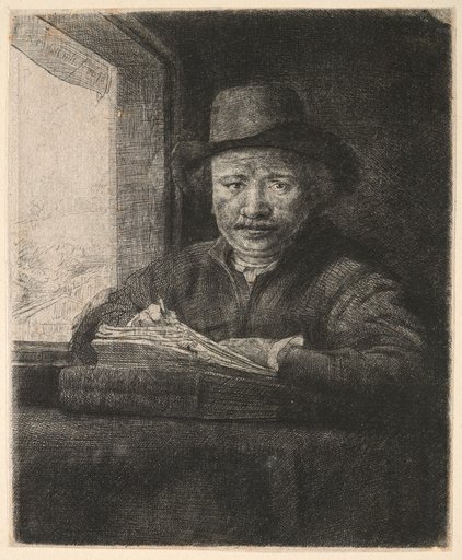 Self-portrait drawing at the window