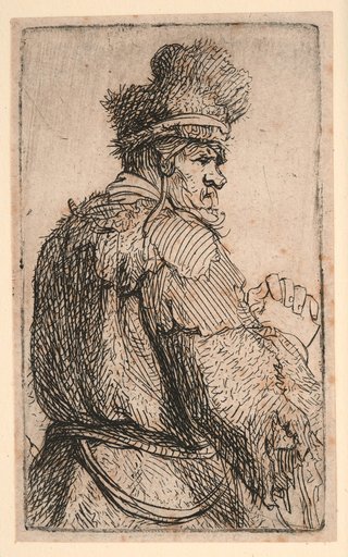 Old man seen from behind in profile to the right, half-length