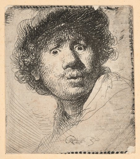 Self-portrait with a cap, wide-open eyes, and an open mouth