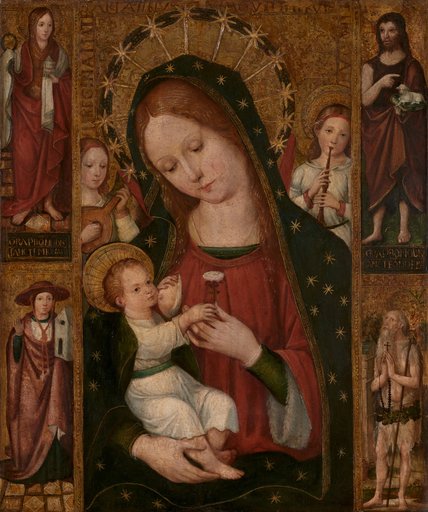 Madonna Lactans with angels, surrounded by Saints Mary Magdalene, John the Baptist, Michael of Ulompo (?) and Onuphrius