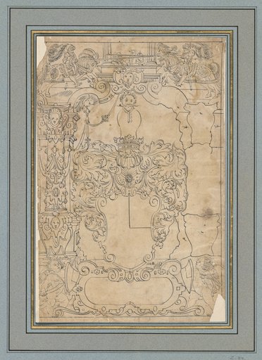 Broken Shield with Empty Coat of Arms in Architectural Framing, with a Tournament Scene Above