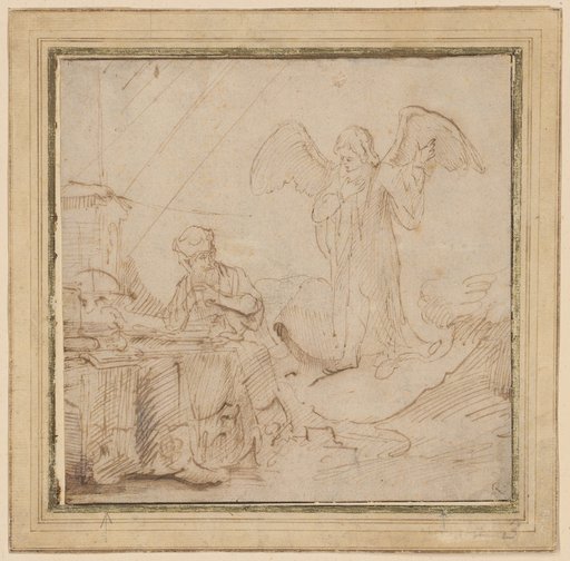 An Angel Appears to an Old Man (Prophet?) Sitting at a Writing Desk