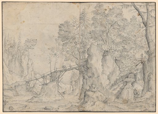 River Valley Crossed by a Wooden Footbridge, with Three Men Crossing and a Sketcher in the Foreground