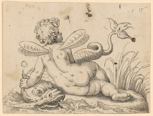 Putto with Dragonfly Wings on the Bank of a Body of Water, Holding a Dolphin