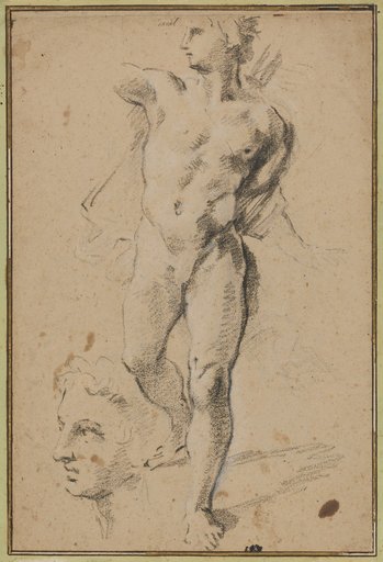 Standing male nude with head turned to the left, study of a head in the lower left