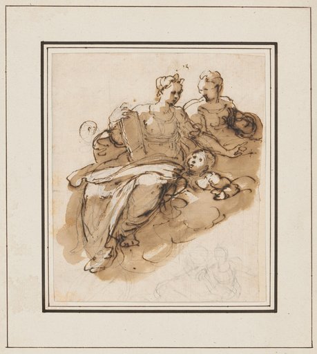 Two allegorical female figures on clouds