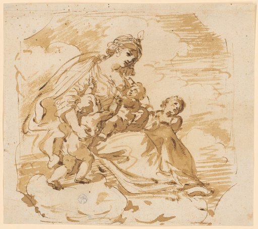 Young woman sitting on clouds with three children (Charity?)