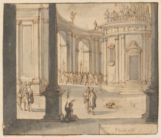 Baroque palace courtyard with a round building and pillar arcades
