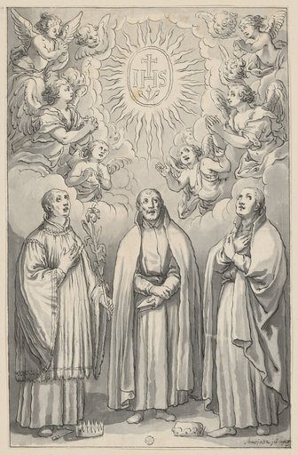 Three saints worship the name of God, surrounded by a wreath of angels
