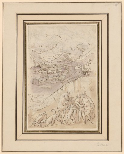 Lovers with Cupid, a horse and dogs, before a valley landscape with a town