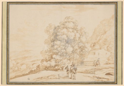 Wooded riverbank with a stone bridge