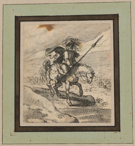 A warrior riding along a river