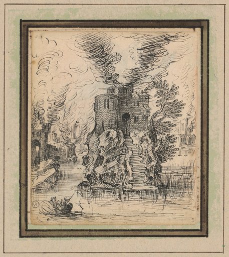 Burning water castle on a steep rock