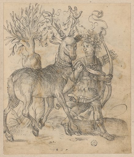 Antiquely dressed hunter with bow and arrow leading a stag on a leash
