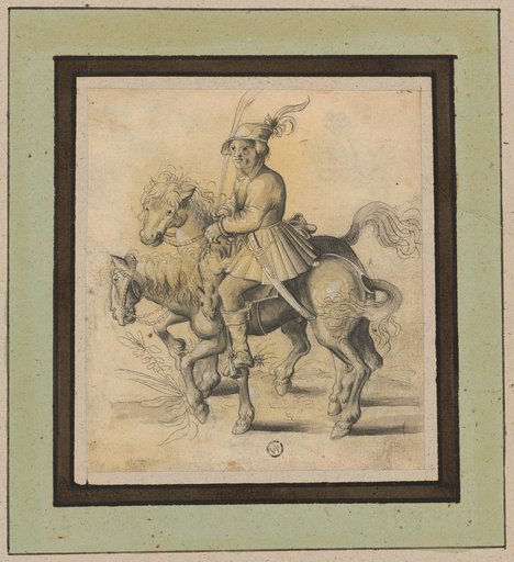 Peasant riding to the left with two horses